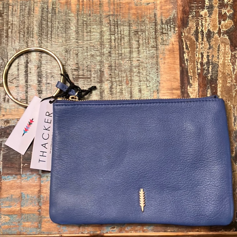 THACKER Gia pouch LEATHER wristlet blue with gold hardware zippered pouch